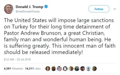 US to impose ‘large’ sanctions on Turkey over ‘long time detainment’ of American pastor Brunson